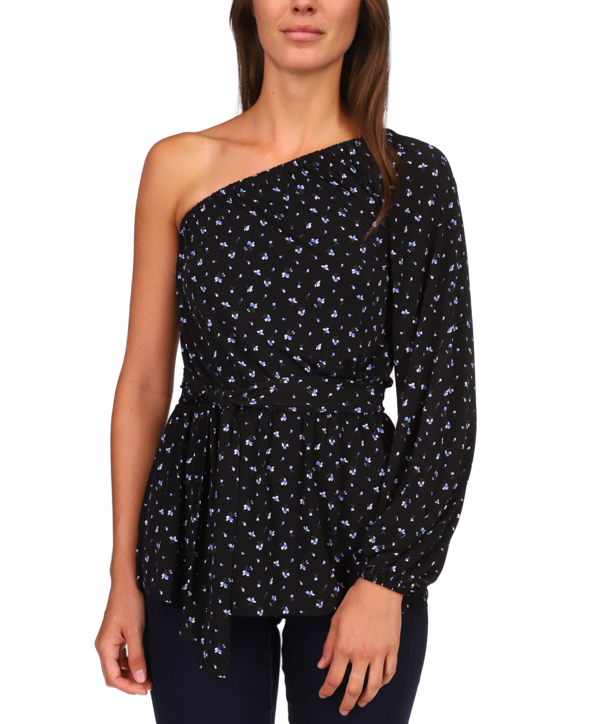 Michael Kors Women's One Shoulder Tie Waist Tunic Top Blue Size Small