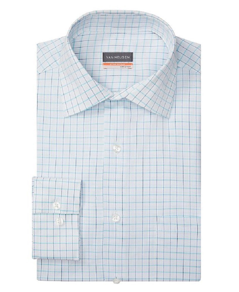 Van Heusen Men's Regular Fit Stain Shield Satin Spread Collar Dress Shirt Blue Size Large