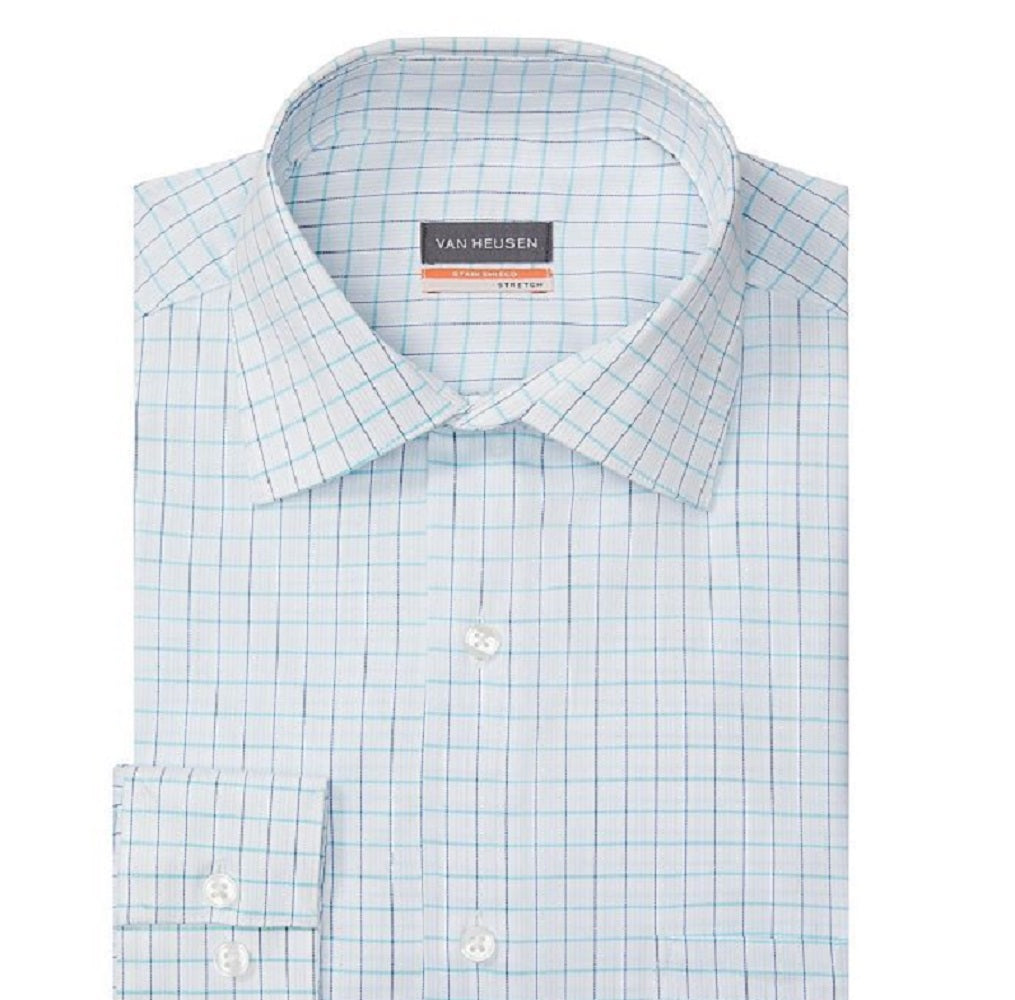 Van Heusen Men's Regular Fit Stain Shield Satin Spread Collar Dress Shirt Blue Size Large