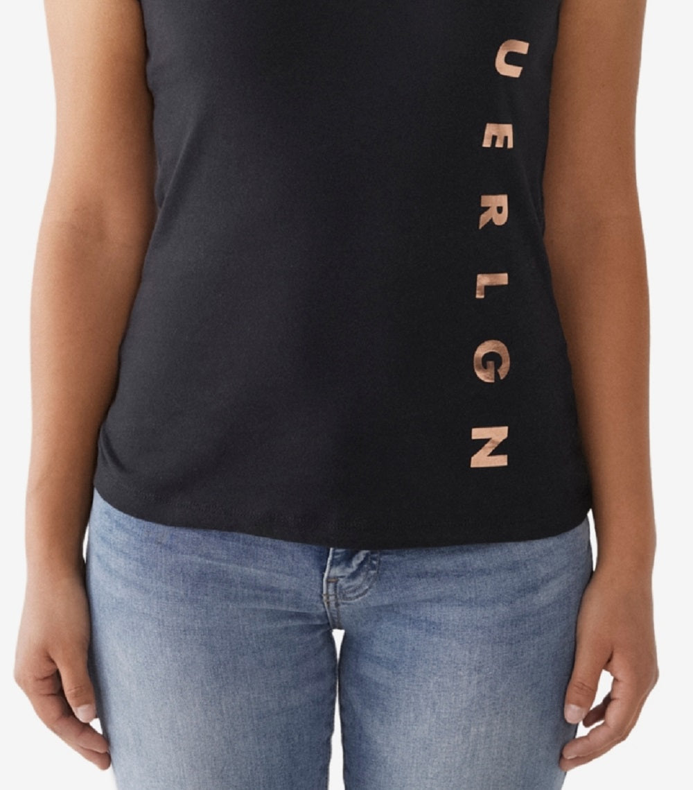 True Religion Women's Side Logo Slim V Neck Short Sleeve T-Shirt Black Size Large