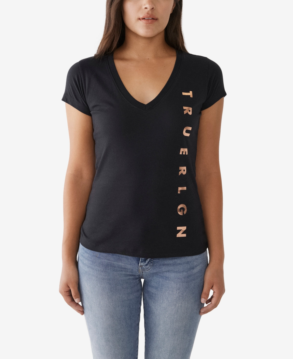 True Religion Women's Side Logo Slim V Neck Short Sleeve T-Shirt Black Size Large