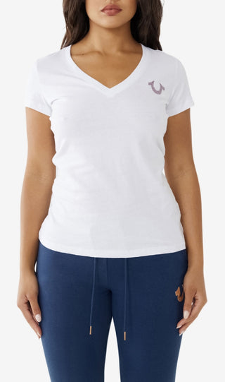 True Religion Women's Short Sleeve Buddha Stamp Slim V Neck T Shirt White Size Small