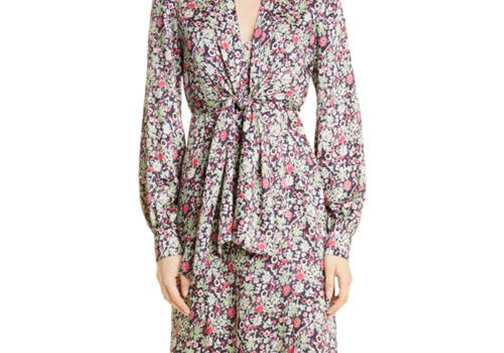 Cinq à Sept Quin Floral Print Long Sleeve Dress in Powder Blue Multi , Size 2