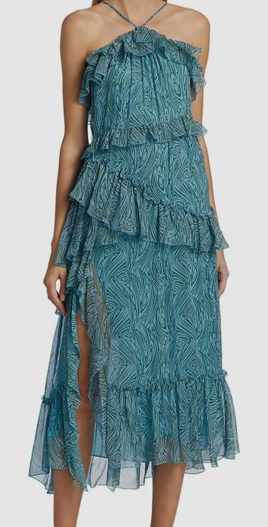 Cinq à Sept Rayner Ruffle Chiffon Dress in Celeste Multi , Size 6