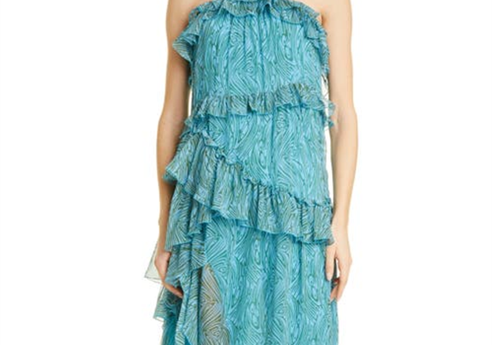 Cinq à Sept Rayner Ruffle Chiffon Dress in Celeste Multi , Size 6