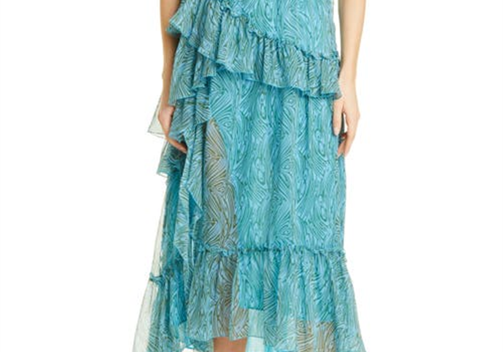 Cinq à Sept Rayner Ruffle Chiffon Dress in Celeste Multi , Size 6