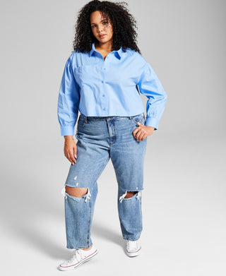 And Now This Women's Cotton Button Front Top Blue Size 0X