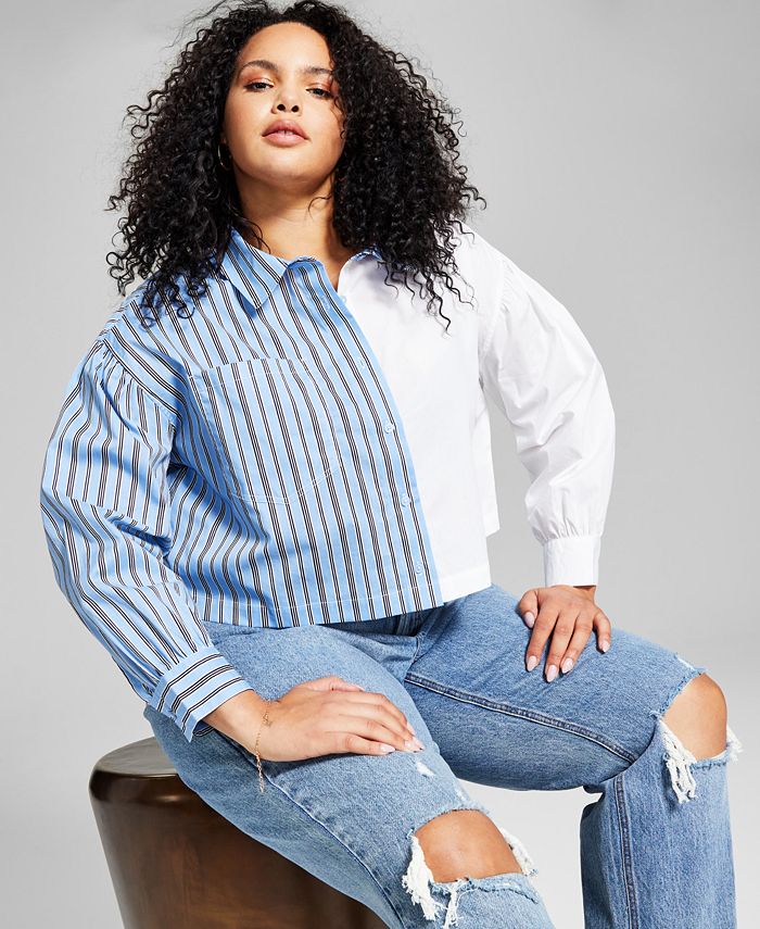 And Now This Women's Two Toned Cotton Top Blue Size 3X