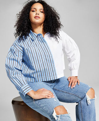 And Now This Women's Two Toned Cotton Top Blue Size 3X