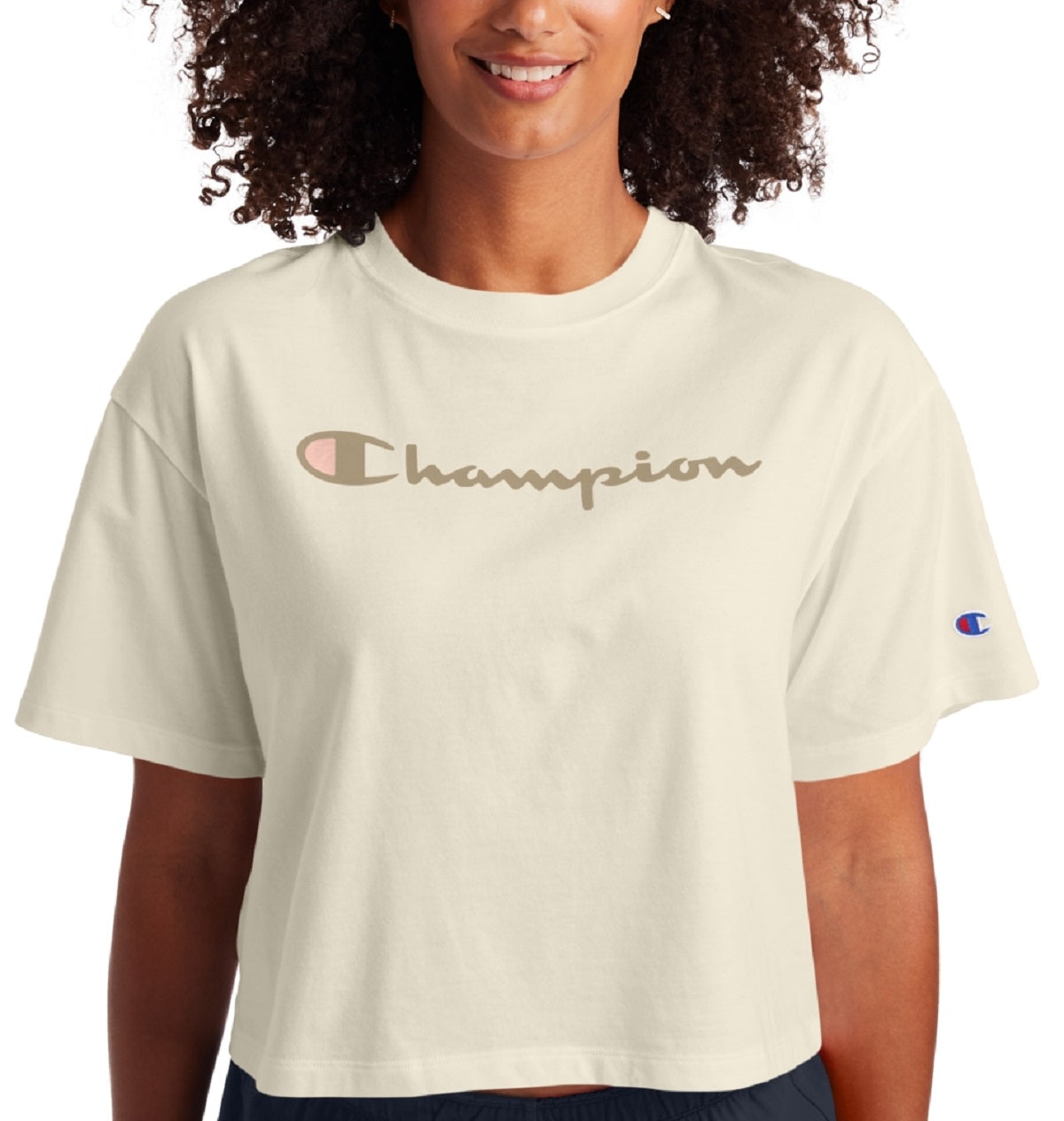 Champion Women's Logo Cropped T-Shirt Brown Size Large