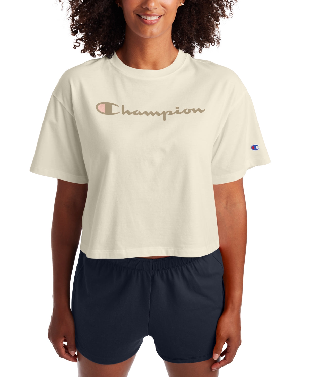 Champion Women's Logo Cropped T-Shirt Brown Size Large