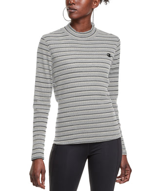 Champion Women's Campus Striped Mock Neck T-Shirt Gray Size Large