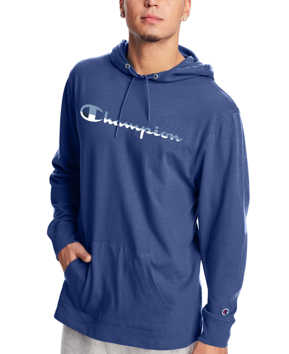 Champion Men's Logo Print Hoodie Blue Size Small