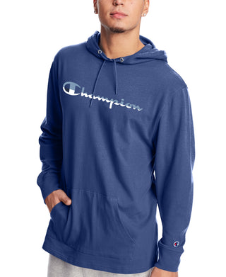 Champion Men's Logo Print Hoodie Blue Size Small