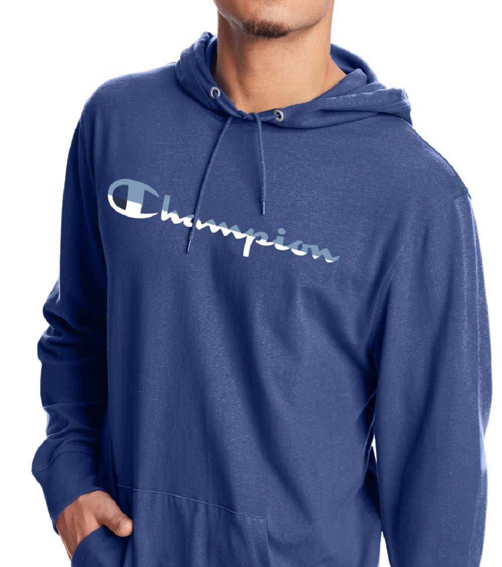 Champion Men's Logo Print Hoodie Blue Size Small
