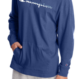 Champion Men's Logo Print Hoodie Blue Size Small