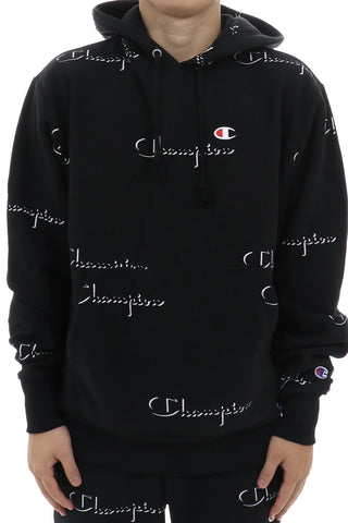 Champion Men's All Over Logo Hoodie Black Size X-Large