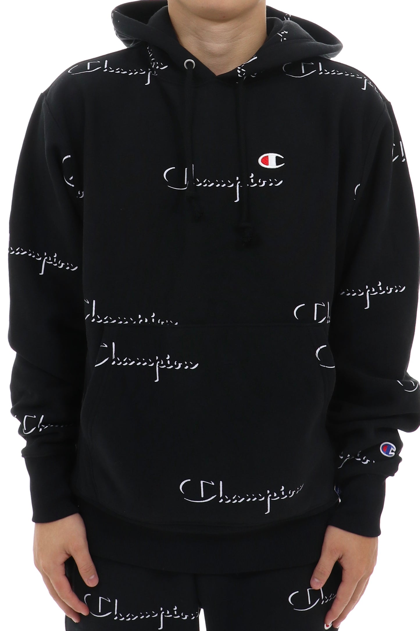 Champion Men's Reverse Weave All Over Logo Hoodie Black Size XX-Large