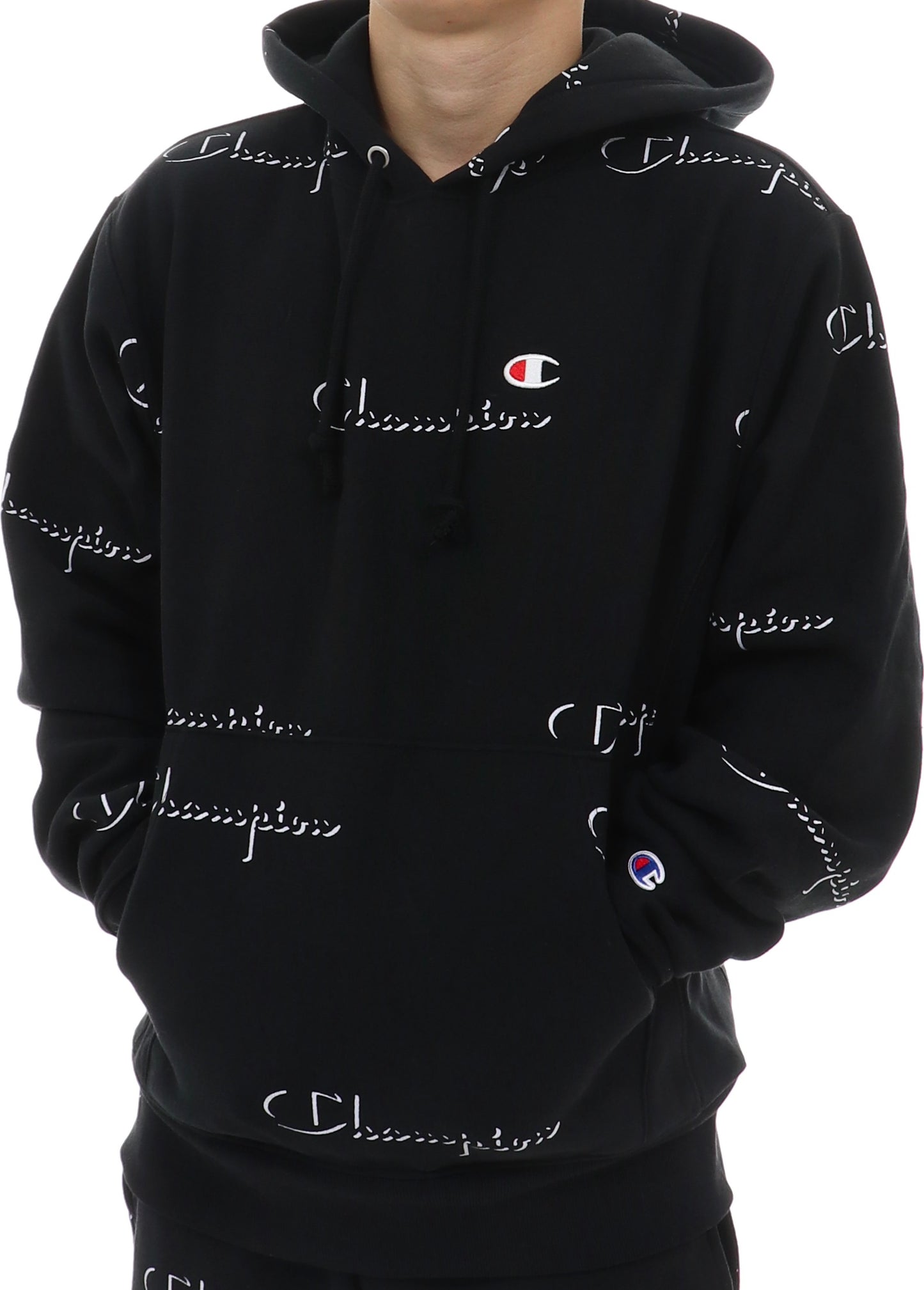 Champion Men's Reverse Weave All Over Logo Hoodie Black Size XX-Large