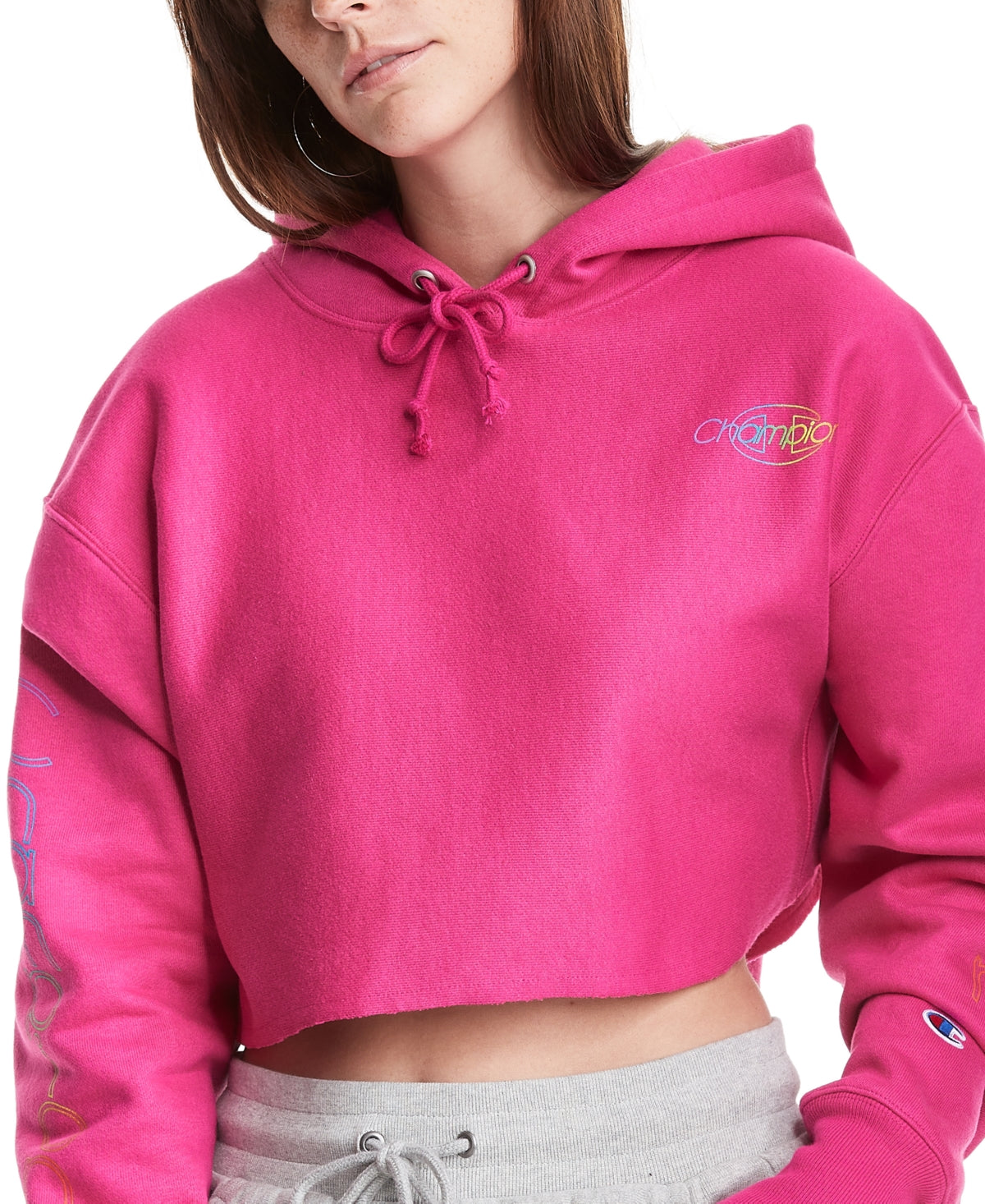 Champion Women's Cropped Logo Hoodie Pink Size X Small