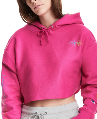 Champion Women's Cropped Logo Hoodie Pink Size X Small