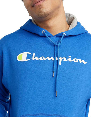 Champion Men's Powerblend Fleece Graphic Script Logo Pullover Hoodie Blue Size Large