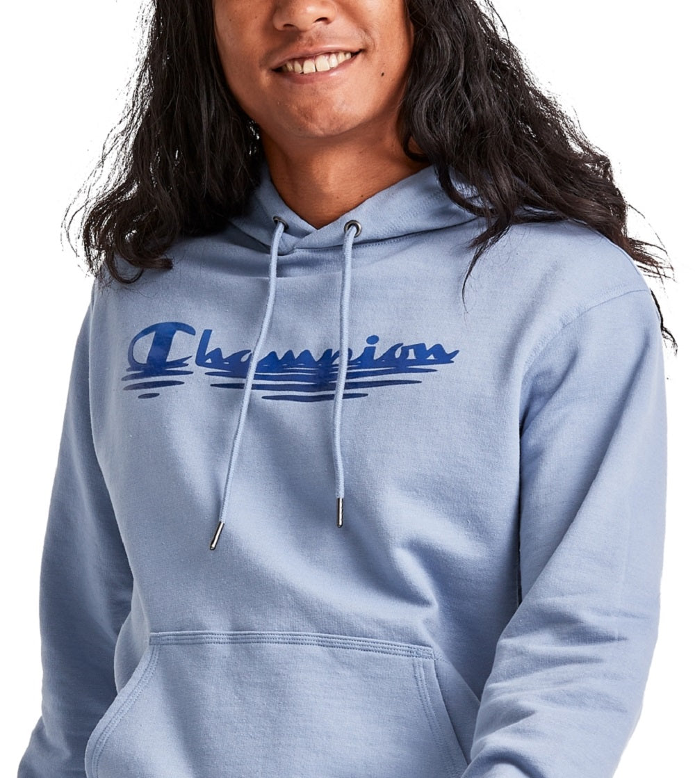 Champion Men's Powerblend Logo Print Fleece Hoodie Blue Size Medium