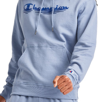 Champion Men's Powerblend Logo Print Fleece Hoodie Blue Size Medium