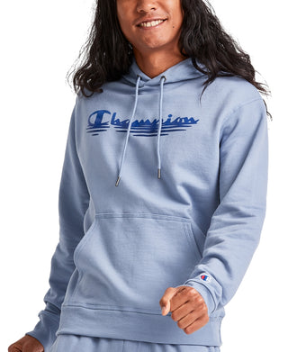 Champion Men's Powerblend Logo Print Fleece Hoodie Blue Size Medium