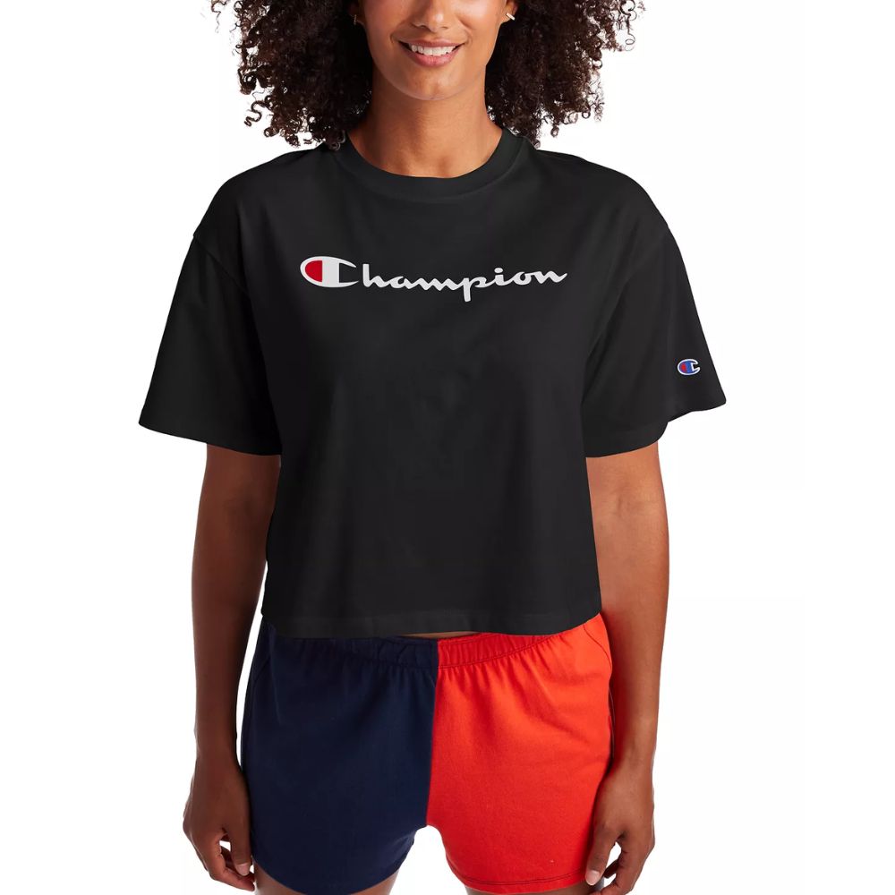 Champion Women's Cropped Logo T-Shirt Black Size Small