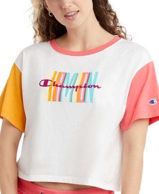 Champion Women's Colorblocked Cropped T-Shirt White Size X-Small