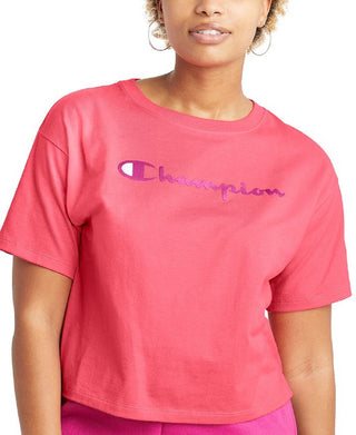 Champion Women's Logo Cropped T-Shirt Pink Size Small