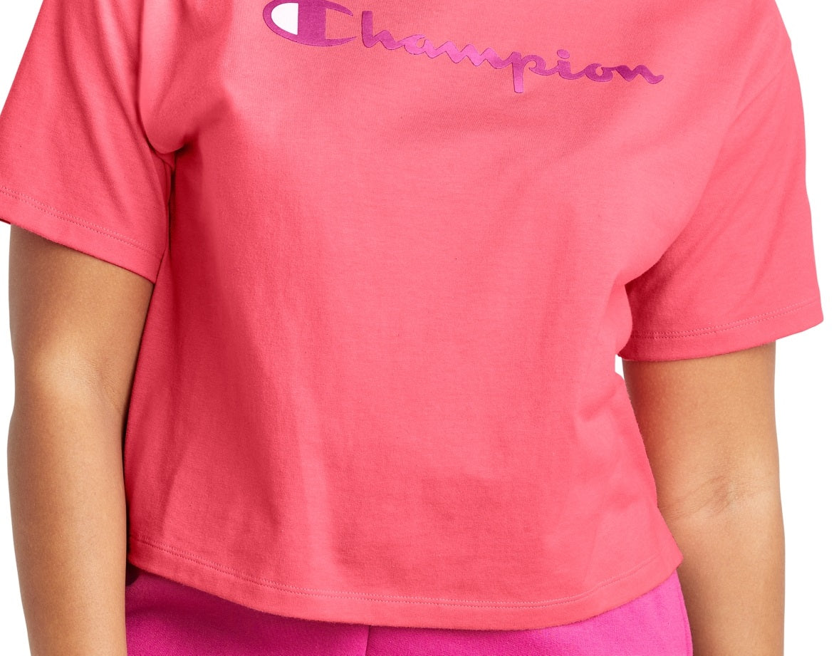 Champion Women's Logo Cropped T-Shirt Pink Size Large