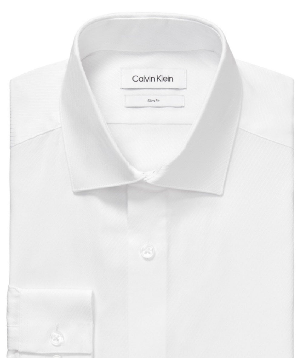 Calvin Klein Men's Steel Slim Fit Wrinkle Free Herringbone Dress Shirt White Size 15.5X34X35