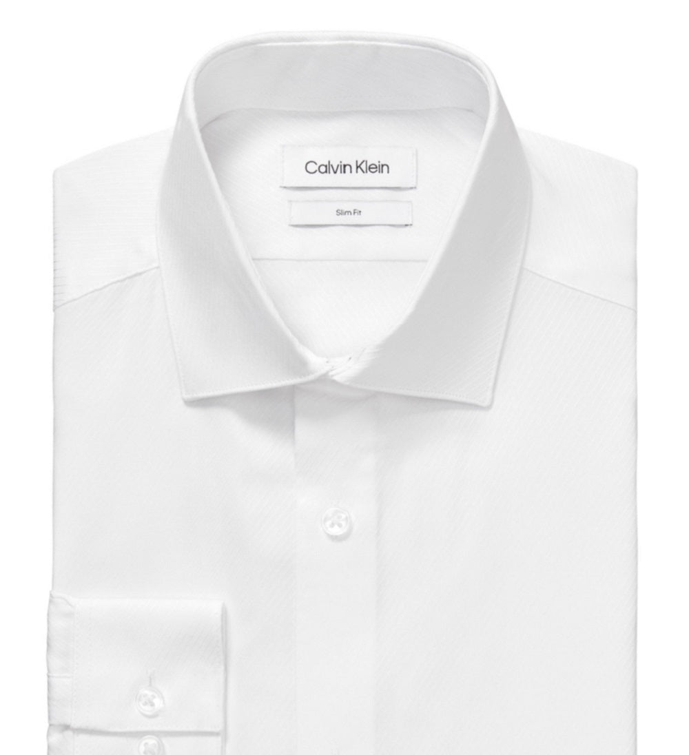 Calvin Klein Men's Slim Fit Wrinkle Free Herringbone Dress Shirt White Size 16X34X35
