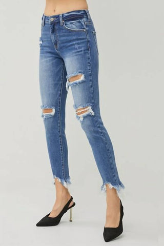 Risen - High Rise Distressed Frayed Hem Skinny Jeans