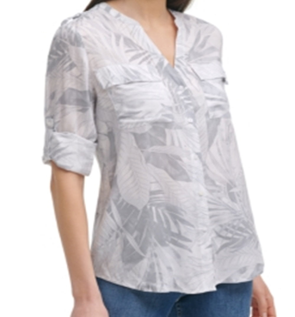Calvin Klein Women's Paisley Print Shirt Gray Size Small