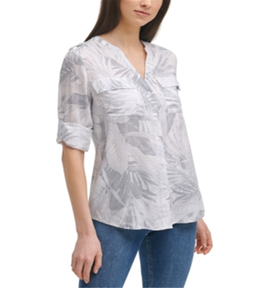 Calvin Klein Women's Paisley Print Shirt Gray Size Small
