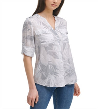 Calvin Klein Women's Paisley Print Shirt Gray Size Small