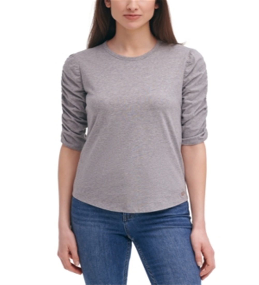 Calvin Klein Women's Cotton Gathered Sleeves Top Gray Size Medium