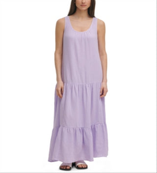 Calvin Klein Women's Solid Gauze Tiered Maxi Dress Purple Size XL