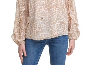Calvin Klein Women's Printed Ruffle Trim Long Sleeve Blouse Brown Size X-Large