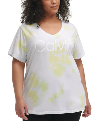 Calvin Klein Women's Stretch Short Sleeve V Neck T-Shirt Yellow Size 2X