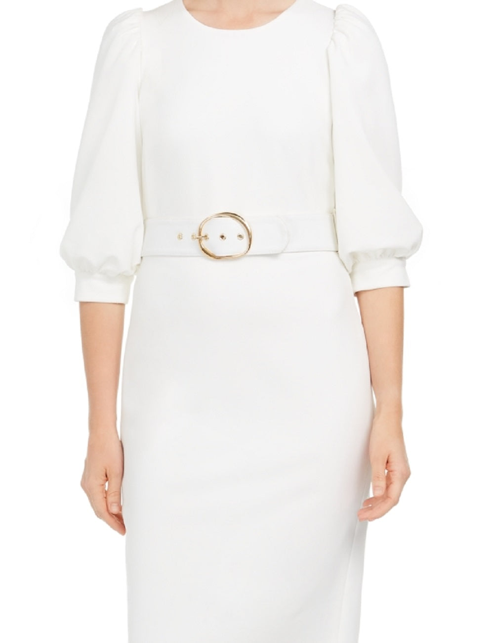 Calvin Klein Women's Balloon Sleeve Belted Sheath Dress White Size 8