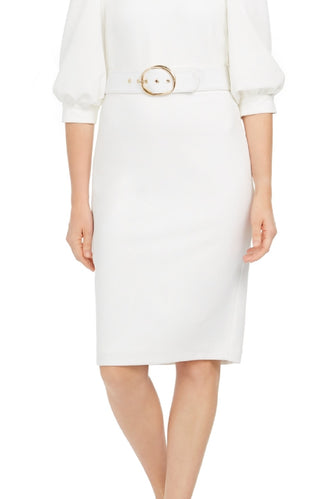 Calvin Klein Women's Balloon Sleeve Belted Sheath Dress White Size 8