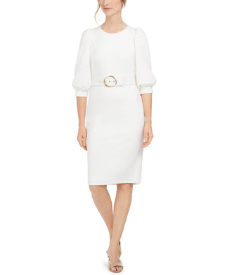 Calvin Klein Women's Balloon Sleeve Belted Sheath Dress White Size 8