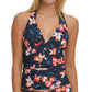 Tommy Hilfiger Women's Floral Removable Cups Tie Shirred Deep V Neck Halter Tankini Swimsuit Top Blue Size Medium