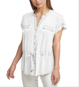Calvin Klein Women's Contrast Trim Button Front Top White Size X-Large