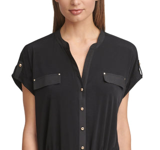 Calvin Klein Women's Short Sleeve Cinched Waist Button Front Top Black Size Small