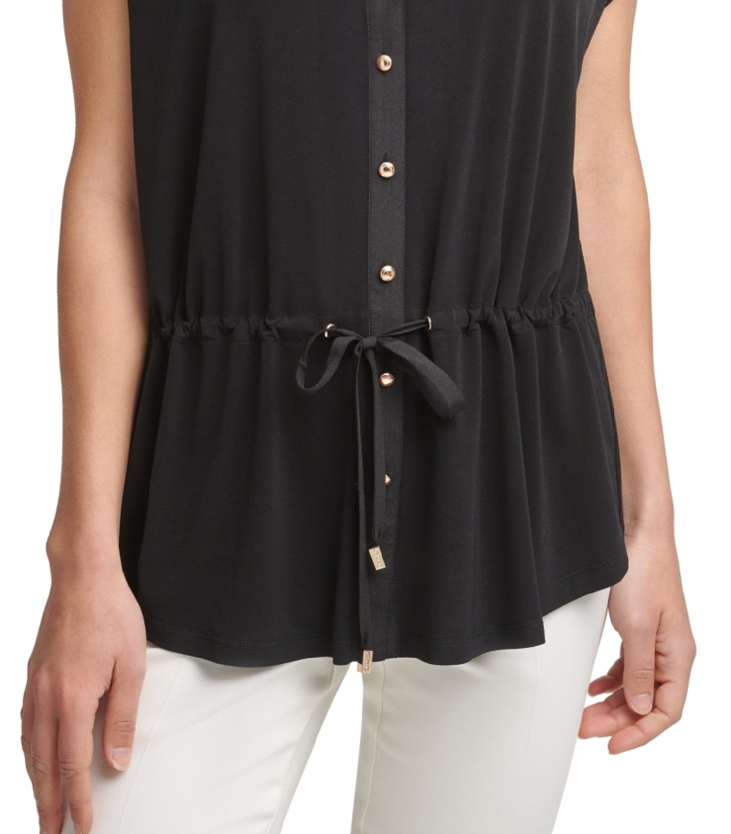 Calvin Klein Women's Short Sleeve Cinched Waist Button Front Top Black Size Small